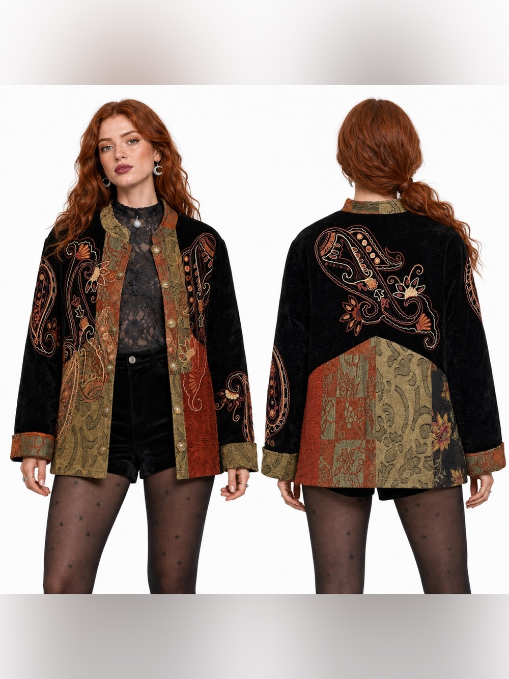 Indigo Moon Tapestry Embroidered Velvet Texture Jacket Womens SZ XS Whimsigoth
